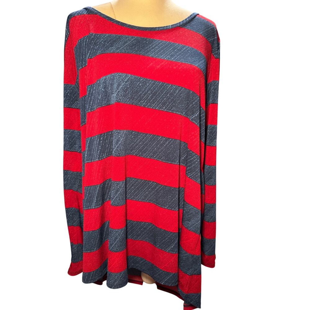 LuLaRoe Red Gray Striped Irma Tunic Top, High Low Long Sleeve, Plus Size 3XL